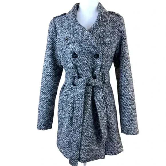 Sebby Heathered Gray Button Down Tie Waist Wool Blend Pea Coat Size L - Picture 2 of 16